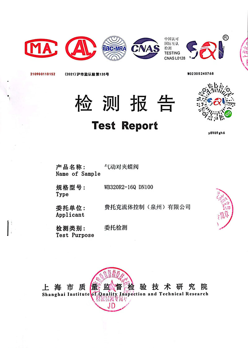 气动对夹蝶阀检测报告